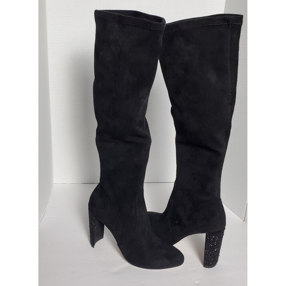 Jewel Badgley Mischka Black Knee-High Suede Boots Rhinestone Heel Wm Size 5.5
